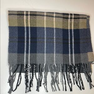 Plaid Fringe Scarf in Blue and Tan